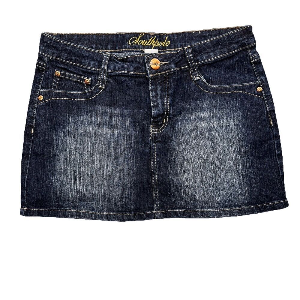 Southpole Mini Skirt Juniors 9 Embellished Dark Blue Denim Stretch Measures W30